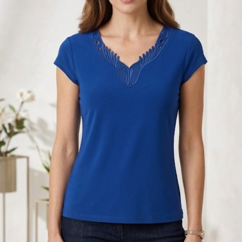Royal Blue Cap Sleeve Top with Embroidered Soutache Neckline Size M